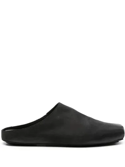 Uma Wang Leather Slippers With Square Toe In Black