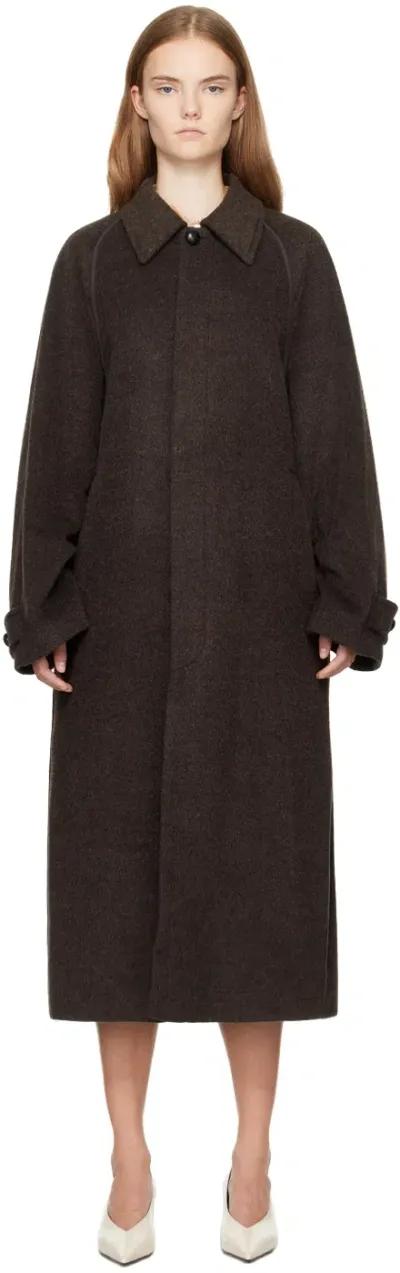 Umber Postpast Brown Wool Raglan Long Coat In Brick