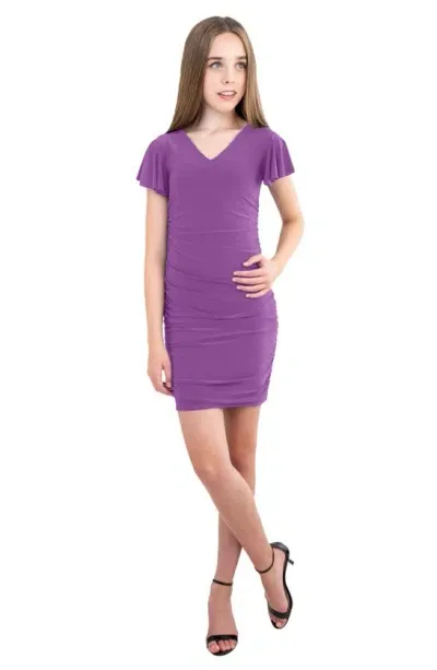 Un Deux Trois Kids' Girl's Ruched Flutter Sleeve Dress In Lavender