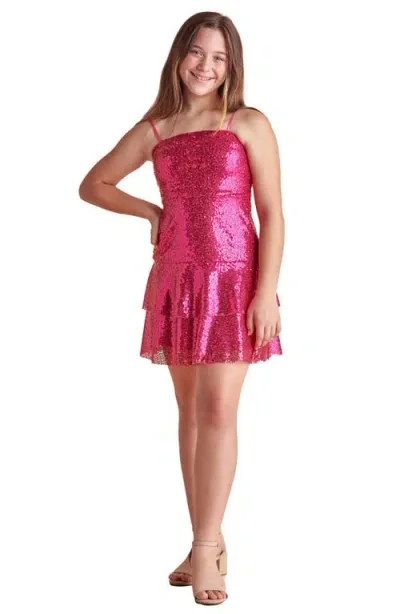 Un Deux Trois Kids' Sequin Tiered Party Dress In Fuchsia