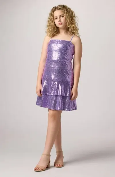 Un Deux Trois Kids' Girl's Tiered Sequin Dress W/ Bow In Purple