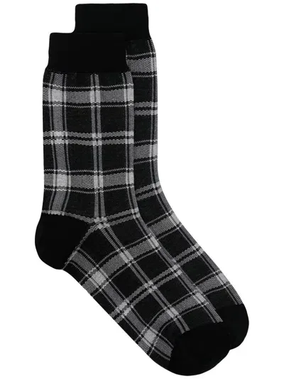 Undercover Check-pattern Logo-print Socks In Black