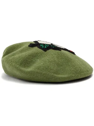 Undercover Rose-appliqué Wool Beret In 绿色