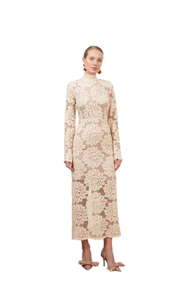 Undress Elena Cream Floral Lace Midi Dress With Turtleneck In Neutral