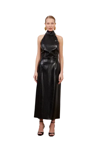 Undress Sensa Black Textured Vegan Leather Midi Dress With Turtleneck