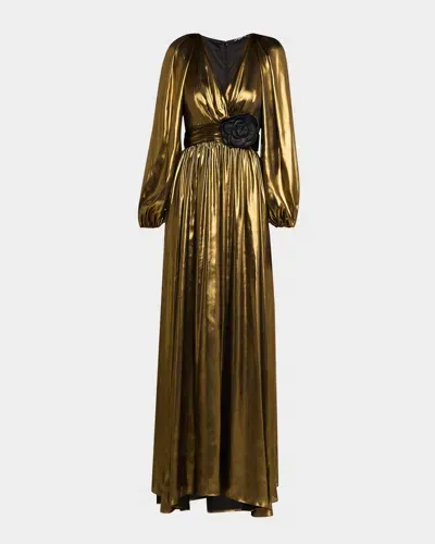 Ungaro Blouson-sleeve Metallic Foile Gown In Blackgold