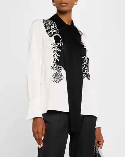 Ungaro Embroidered Tie-neck Blouse In Ivory