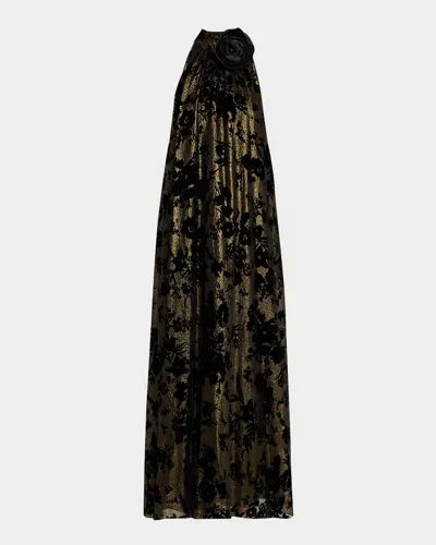 Ungaro Metallic Floral Halter Gown In Blackgold