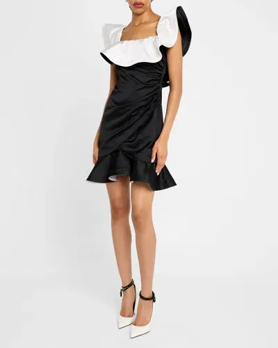 Ungaro Ruched Ruffle Satin Mini Dress In Blackivory