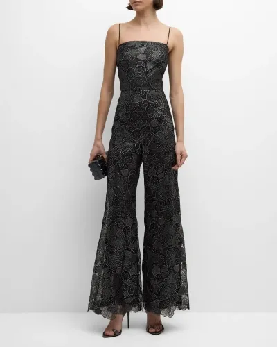 Ungaro Wide-leg Metallic Floral Lace Jumpsuit In Black Silver