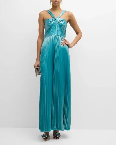 Ungaro Zoe Pleated Metallic Halter Gown In Light Teal