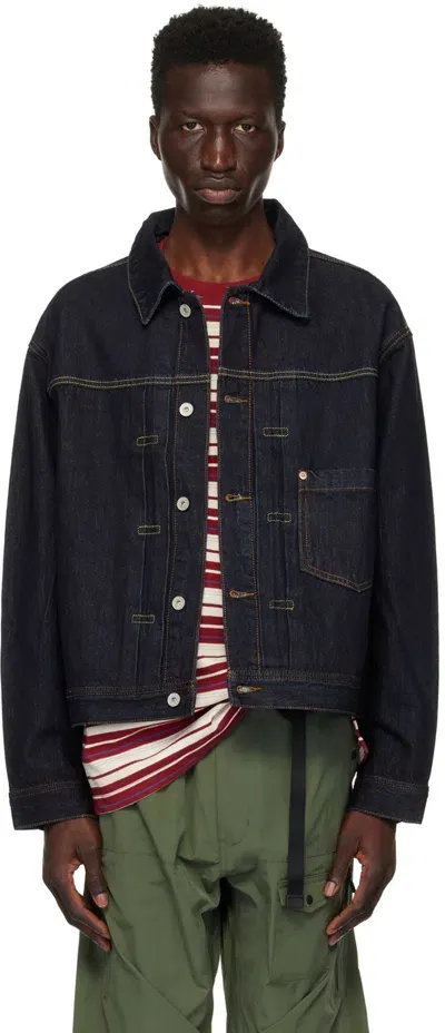 Uniform Bridge Navy Pleated Denim Jacket In Indigo