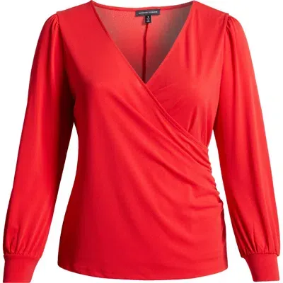 Universal Standard Balloon Sleeve Faux Wrap Crepe Jersey Top In Vermilion Red