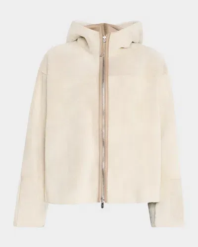 Utzon James Hooded Zip Shearling Jacket In Ennui White