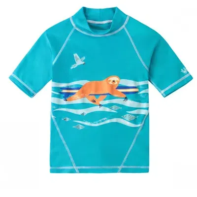 Uv Skinz Babies'  Ss Sport Sun & Swim Shirt In Scuba Blue Surfing Sloth