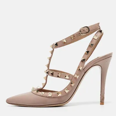 Pre-owned Valentino Garavani Beige Leather Rockstud Ankle Strap Pumps Size 37