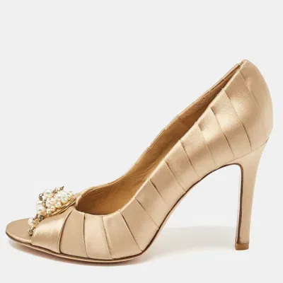 Pre-owned Valentino Garavani Beige Satin Crystal Embellished Open Toe Pumps Size 36.5