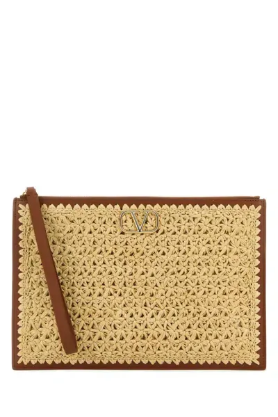 Valentino Garavani Vlogo Signature Raffia Clutch Bag In Beige