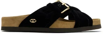 Valentino Garavani Black Fussfriend Velvet Sandals In Yvn Nero/sigaro