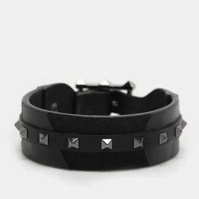 Pre-owned Valentino Garavani Black Leather And Canvas Rockstud Bracelet