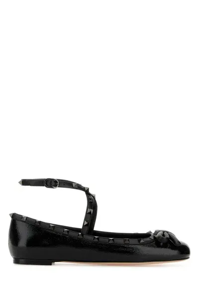 Valentino Garavani Black Leather Rockstud Ballerinas In Nero