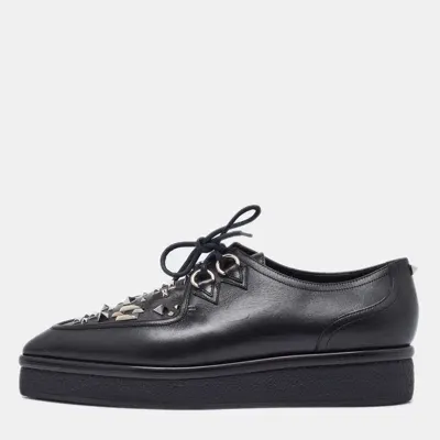 Pre-owned Valentino Garavani Black Leather Studded Lace Up Flat Sneakers Size 37.5