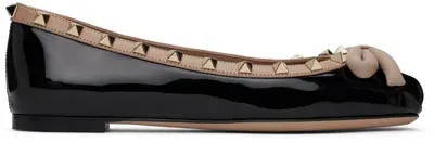 Valentino Garavani Black Rockstud Patent Leather Ballerina Flats In N71 Nero/rose Cannel