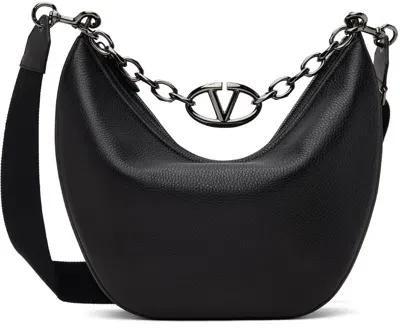 Valentino Garavani Vlogo Moon Medium Grainy Calfskin Hobo Bag With Chain In 0no Nero