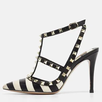 Pre-owned Valentino Garavani Black/white Striped Leather Rockstud Ankle Strap Pumps Size 38