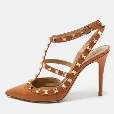 Pre-owned Valentino Garavani Brown Leather Rockstud Caged Pumps Size 37