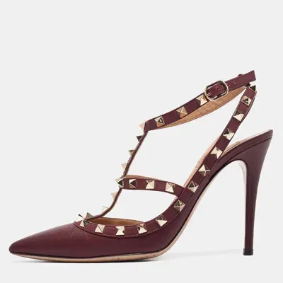 Pre-owned Valentino Garavani Burgundy Leather Rockstud Ankle Strap Pumps Size 40