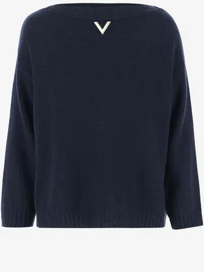 Valentino Cashmere Sweater With Logo In Blue