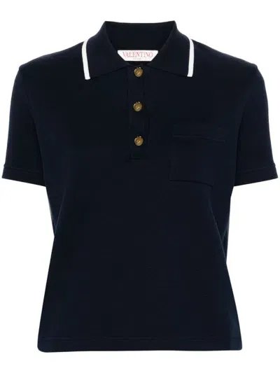 Valentino Contrasting-trim Knitted Polo Top In Navy Blue