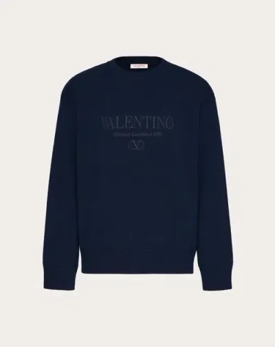 Valentino Crewneck Wool Jumper With Embroidery In ネイビー