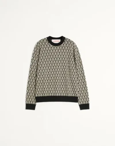 Valentino Crewneck Wool Jumper With Toute La V Jacquard Pattern In Black