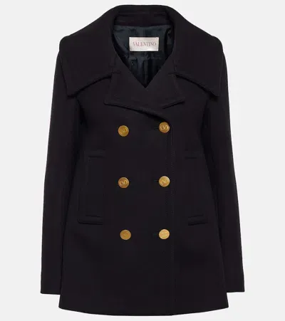 Valentino Double-breasted Wool-blend Peacoat In Blue