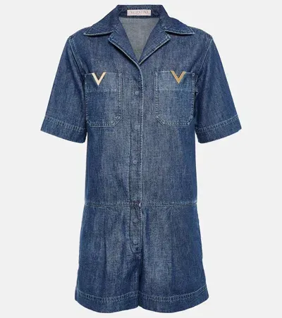 Valentino Embellished Denim Playsuit In Blue