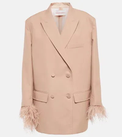 Valentino Feather-trimmed Double-breasted Blazer In Beige