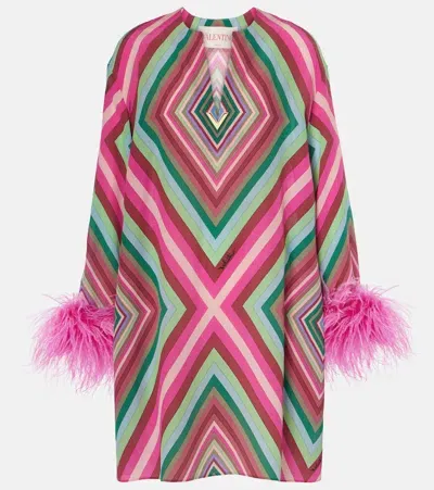 Valentino Feather-trimmed Silk Crêpe De Chine Minidress In Multicolor