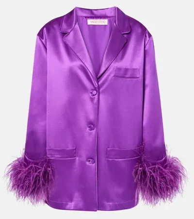 Valentino Feather-trimmed Silk Satin Shirt In Lila