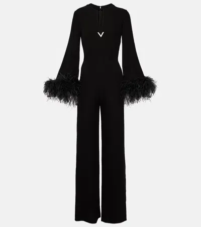 Valentino Feather-trimmed V-neck Silk Jumpsuit In Schwarz