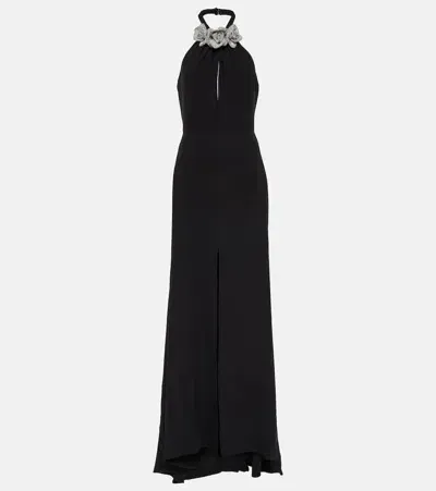 Valentino Floral-appliqué Cutout Front-slit Gown In Schwarz