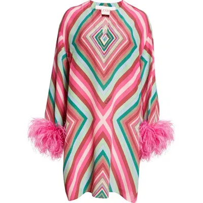 Valentino Garavani Rhombus Print Long Sleeve Silk Shift Dress In Pink Multicolor