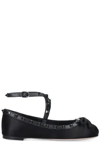 Valentino Garavani Rockstud-strap Satin Ballerinas In Black