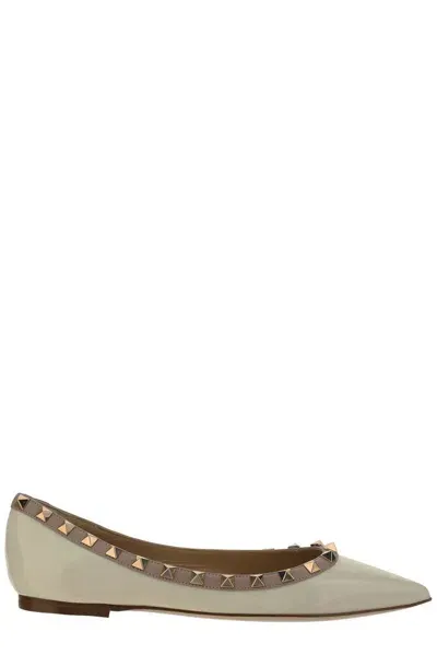 Valentino Garavani Rockstud Pointed Toe Ballerina Shoes In Green