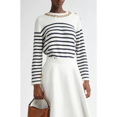 Valentino Garavani Stripe Embellished Cotton Sweater In Navy/avorio