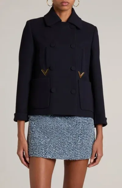 Valentino Garavani V Detail Wool Blend Crop Peacoat In Navy