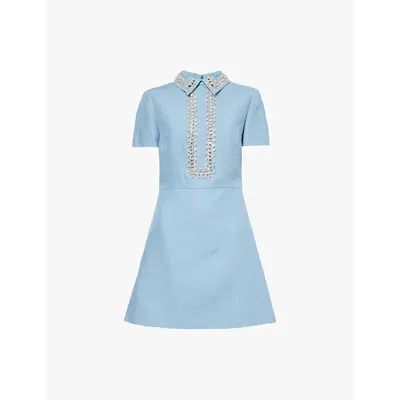 Valentino Garavani Womens Baby Blue Strass Crystal-embellished Wool And Silk-blend Twill Mini Dress