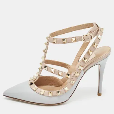 Pre-owned Valentino Garavani Grey/dusty Pink Leather Rockstud Ankle Strap Pumps Size 35.5