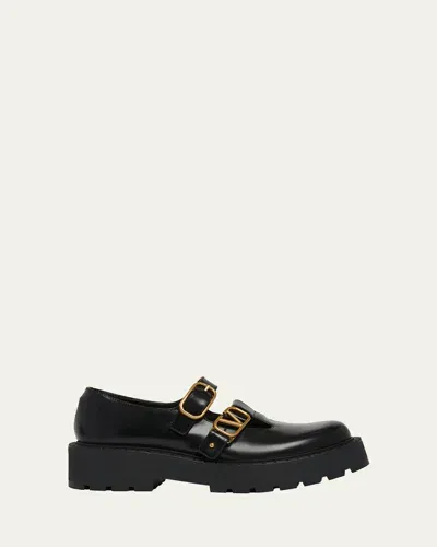 Valentino Garavani Leather Double Mary Jane Loafers In Nero